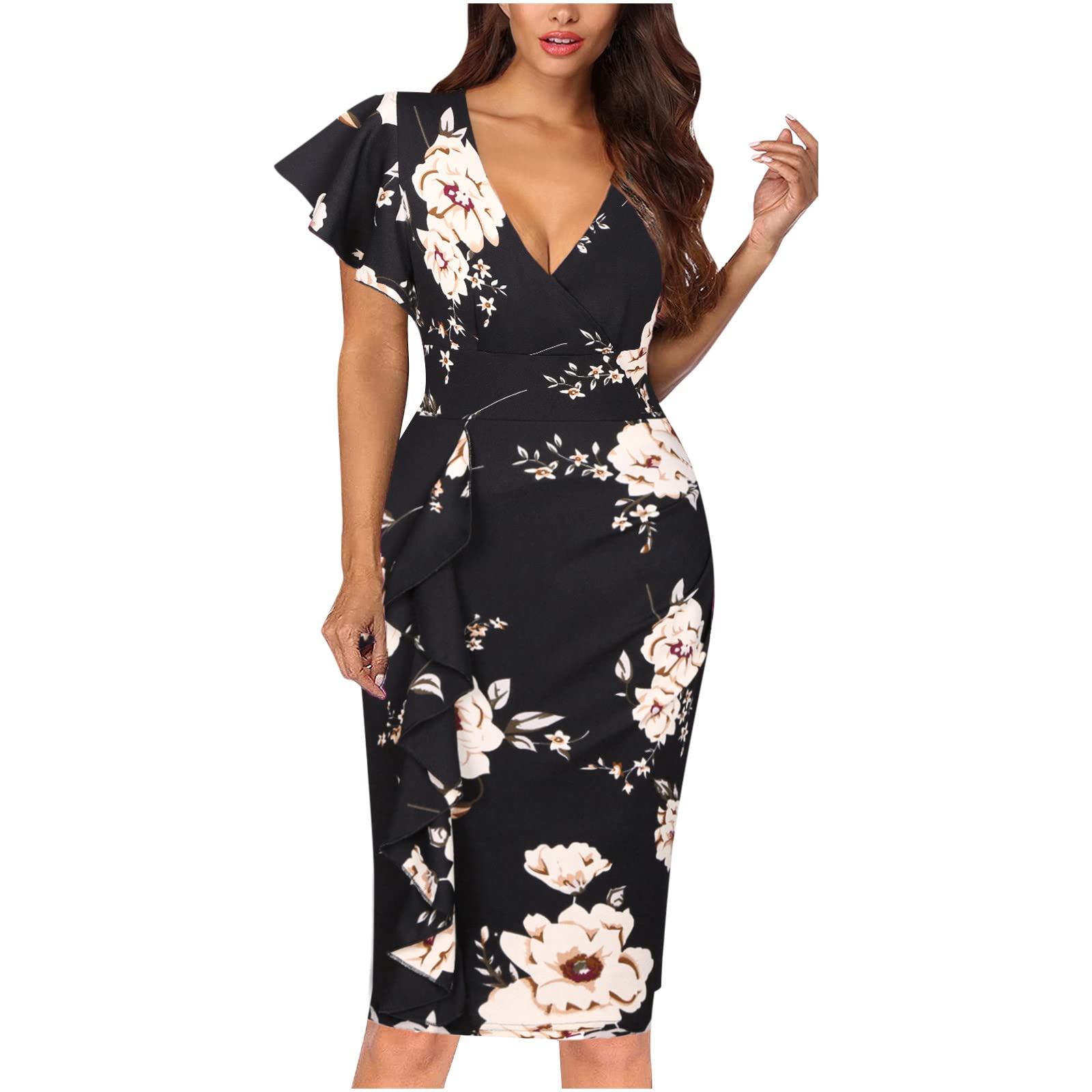 Levmjia Women's Sexy V-Neck Ruffle Short Sleeve Cocktail Dress - Summer Party Bodycon Ruched Midi Dress for Night Out & Special Occasions