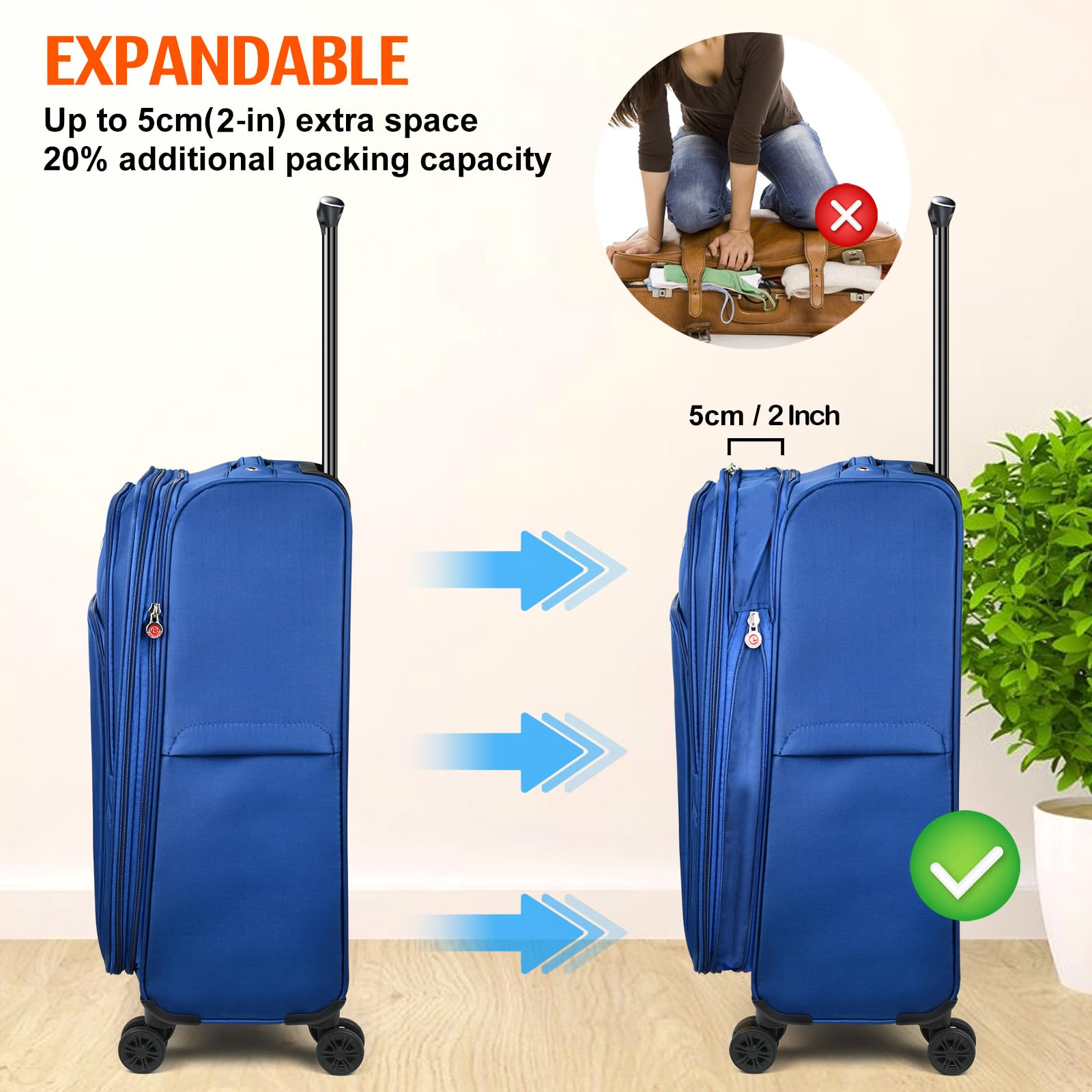 Verdi 24-Inch Expandable Lightweight Spinner Luggage - Softside Suitcase for Travel, Navy Blue, Checked-Large Size | Perfect for Air Travel, Business Trips & Family Vacations