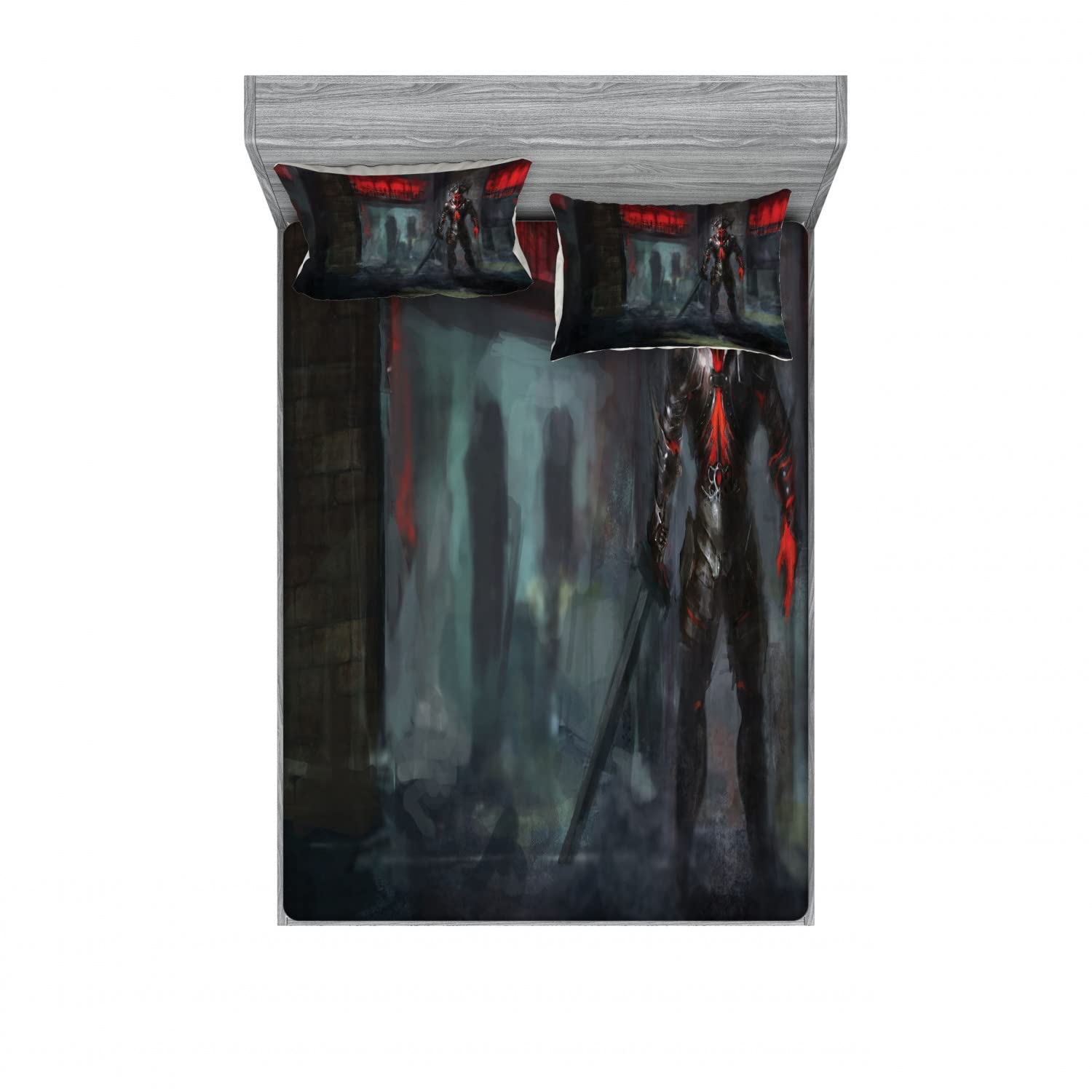 Ambesonne Gothic Fantasy 2-Piece Queen Size Bedding Set - 2 Fitted Sheets & 4 Pillow Shams, Grey & Red Medieval Castle Design | Perfect for Gothic Bedroom Decor, Halloween Themed Rooms & Fantasy Lovers