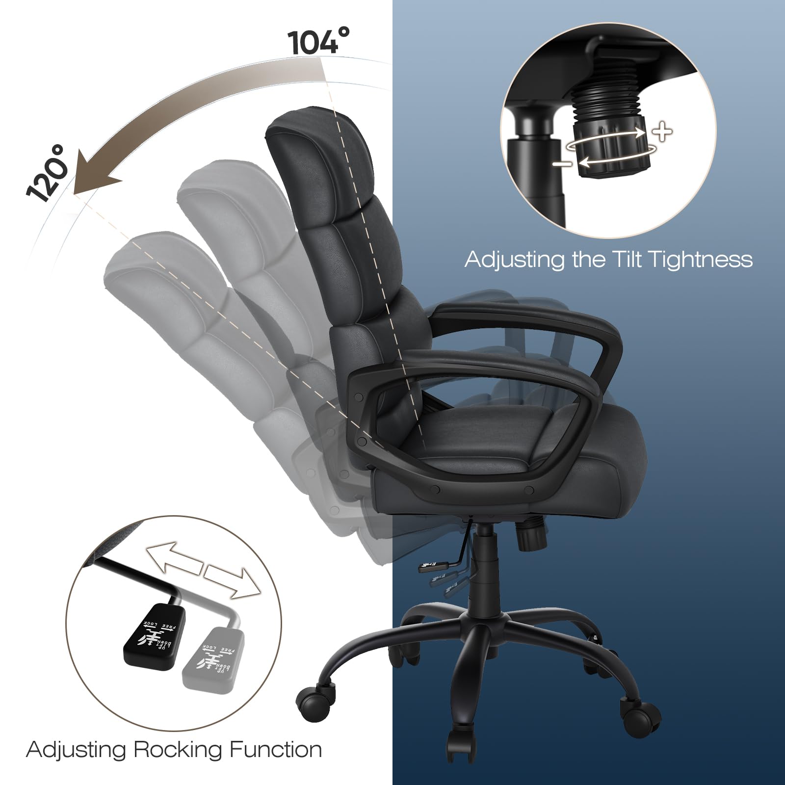 Ergonomic Office Chair - High Back Leather Computer Desk Chair with Adjustable Height & Swivel Wheels | Comfortable Home & Workspace Seating for Long Hours | Black