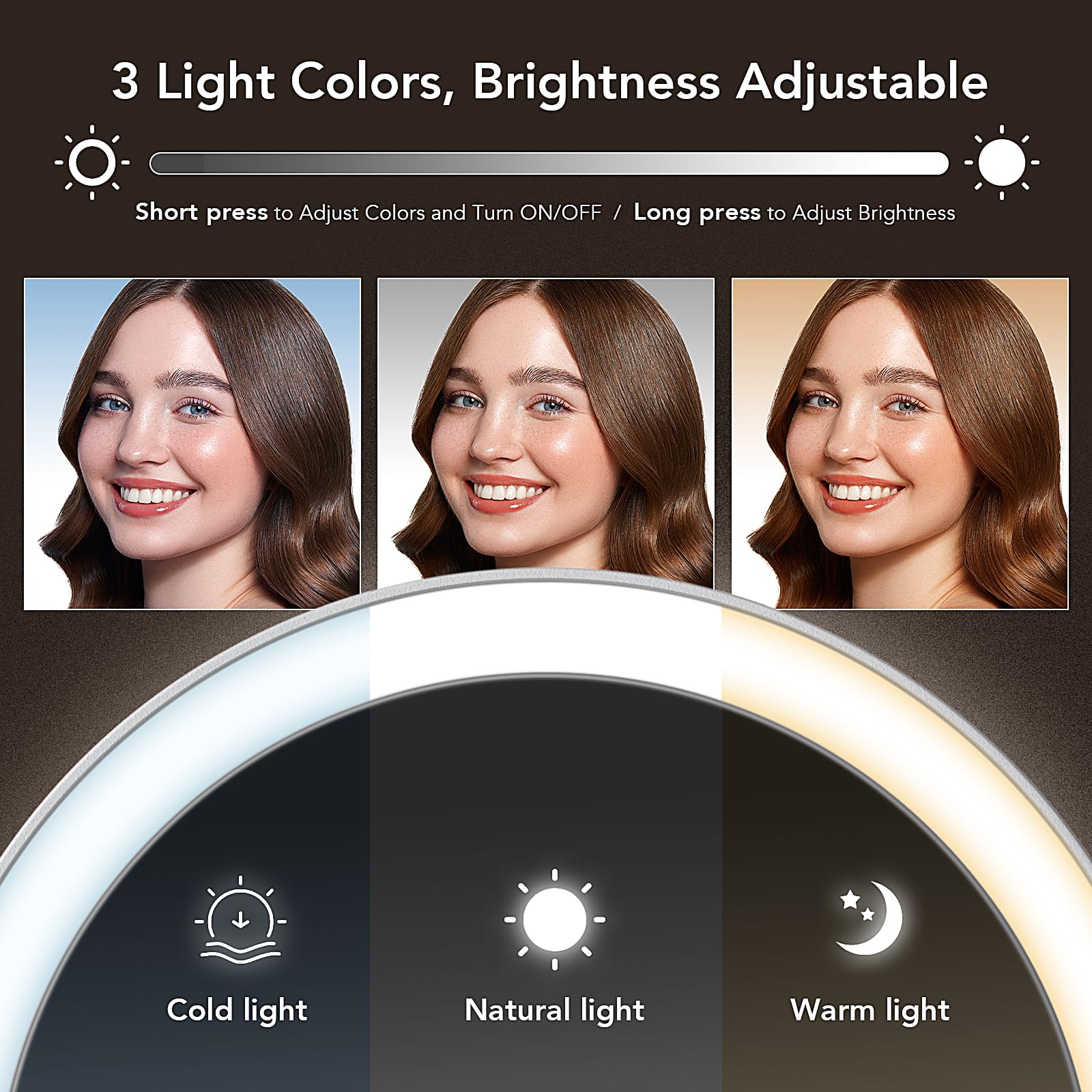 Rechargeable Travel Makeup Mirror with Lights - 10X/1X Magnifying, 3-Color Dimmable LED for Home & Travel
