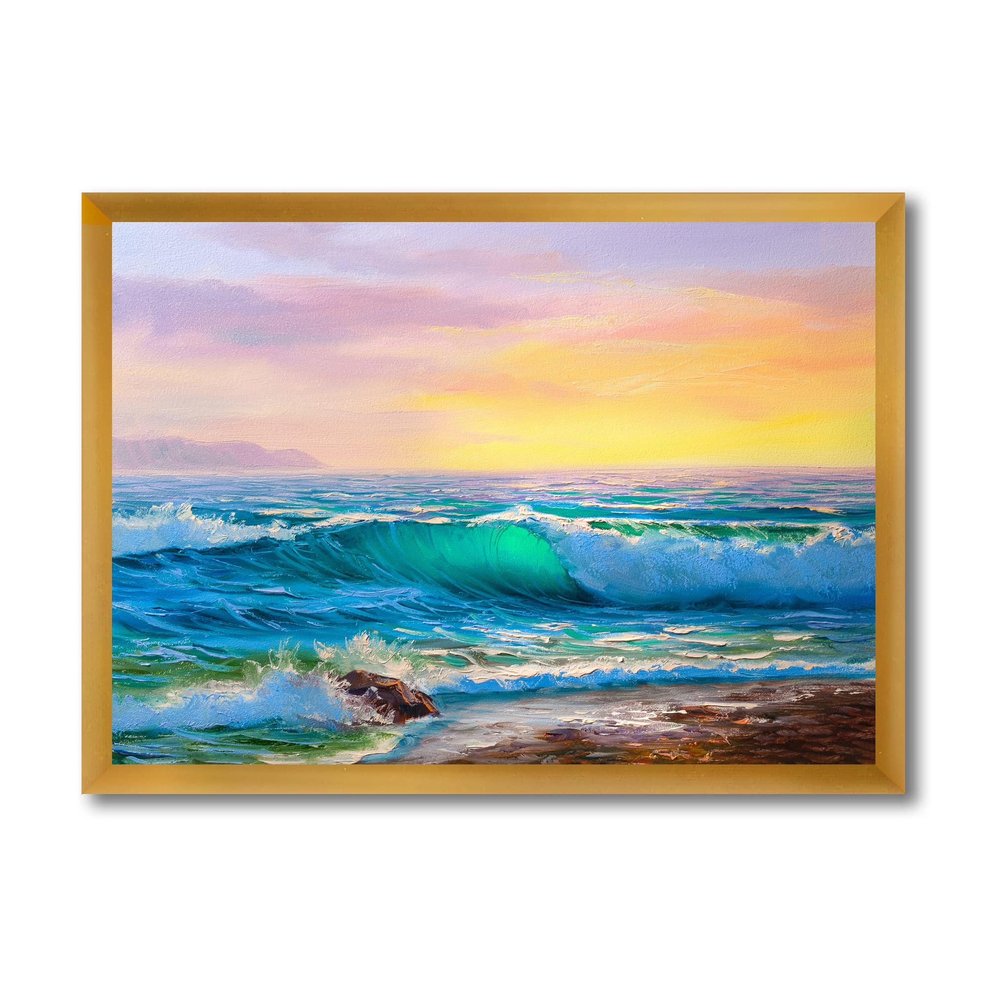 DesignQ Blue Waves Breaking At The Beach IV - Coastal Framed Wall Art Decor for Living Room, Bedroom & Office | Nautical Home Decor | Ocean Themed Painting