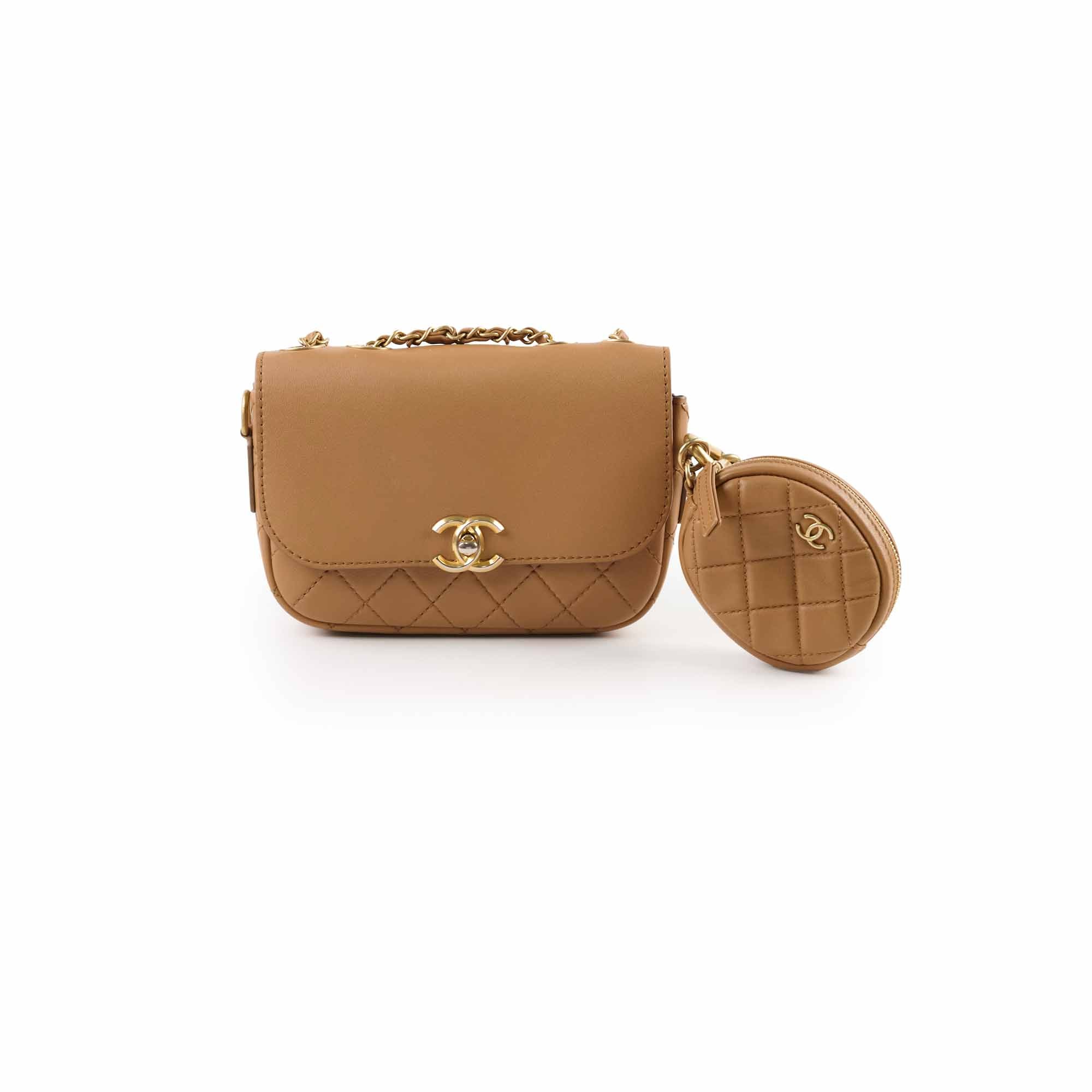 Chanel Seasonal Crossbody Bag with Detachable Pouch in Tan - Perfect for Everyday Use, Travel & Special Occasions