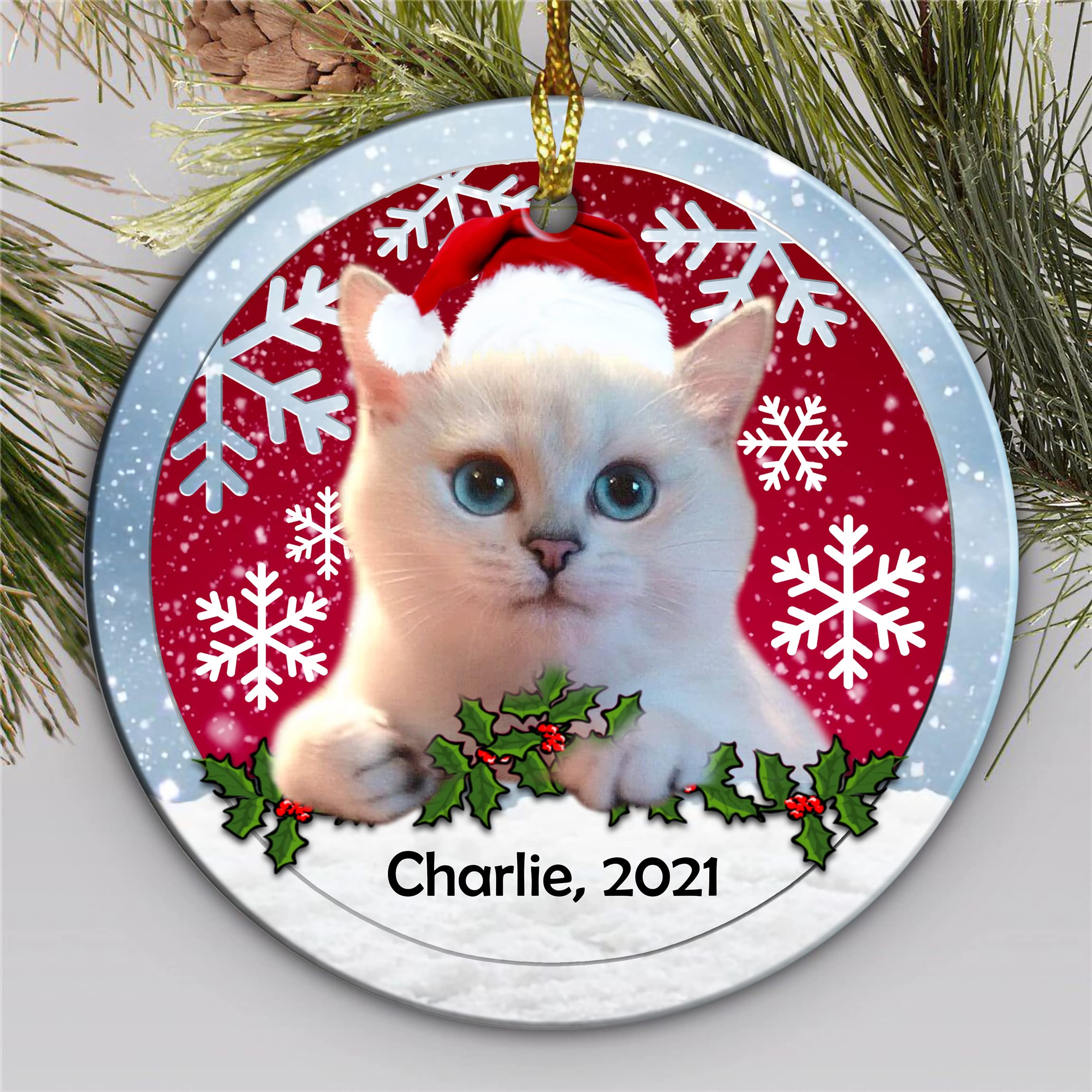 2024 Personalized White Cat Christmas Ornament - Ceramic Cat Lover Gift with Side Print | Cute Holiday Decor for Tree, Home & Cat-Themed Christmas Gifts