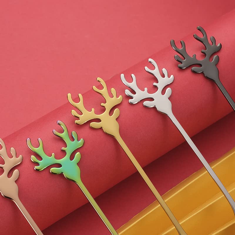 Deer Head Stainless Steel Coffee Spoon - Christmas Elk Sugar Stirring Spoon for Dessert, Kitchen & Tableware Decor - Gold (Perfect for Holiday Parties, Coffee Shops & Home Decor)