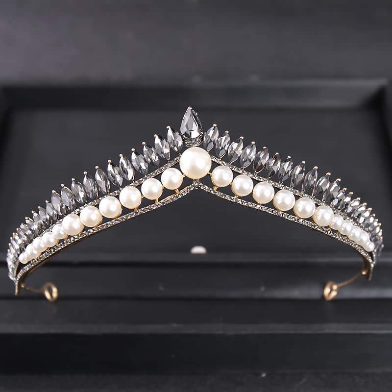 Baroque Vintage Pearl Crystal Crown Tiara for Women - Rhinestone Prom Diadem Headband, Bridal Wedding Hair Jewelry Accessories | Perfect for Weddings, Proms, Pageants & Special Occasions (Black Metal)