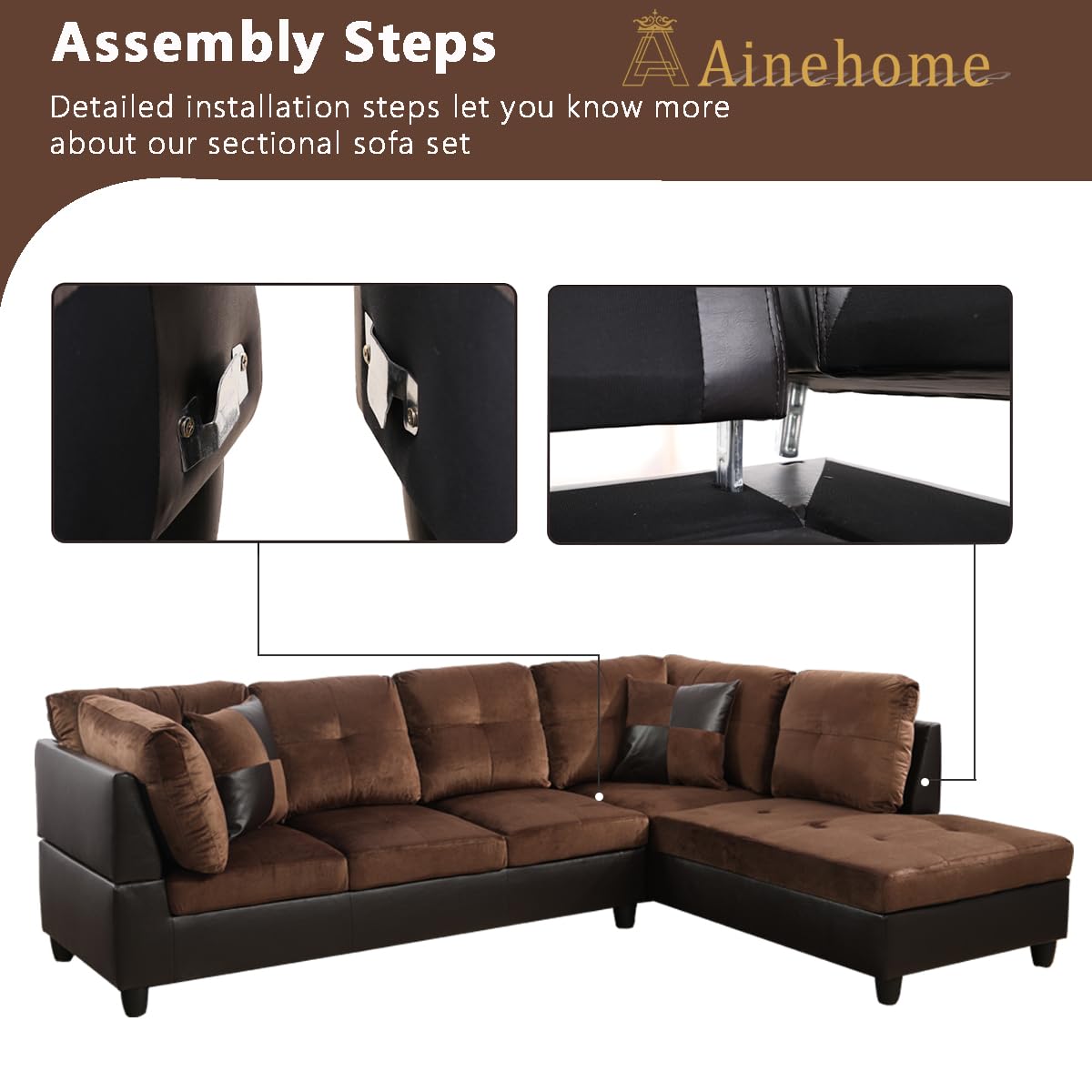 Ainehome 2-Piece L-Shaped Sectional Sofa Set with Chaise - Soft Microfabric Upholstery, Right-Hand Facing in Chocolate Brown - Perfect for Small Spaces, Apartments & Cozy Living Room Furniture