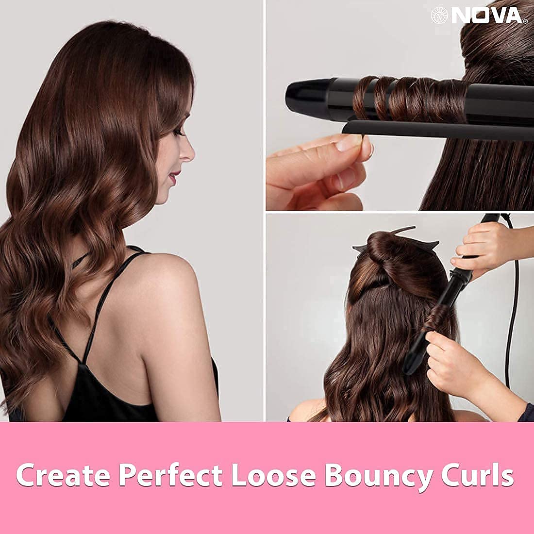 NOBILEA Hair Curling Iron Rod - Professional Instant Heat Styling Brush for Women | Fast Heating Motor Styling Tool for Home Use | Perfect for Beach Waves, Curls & Straightening (Black)