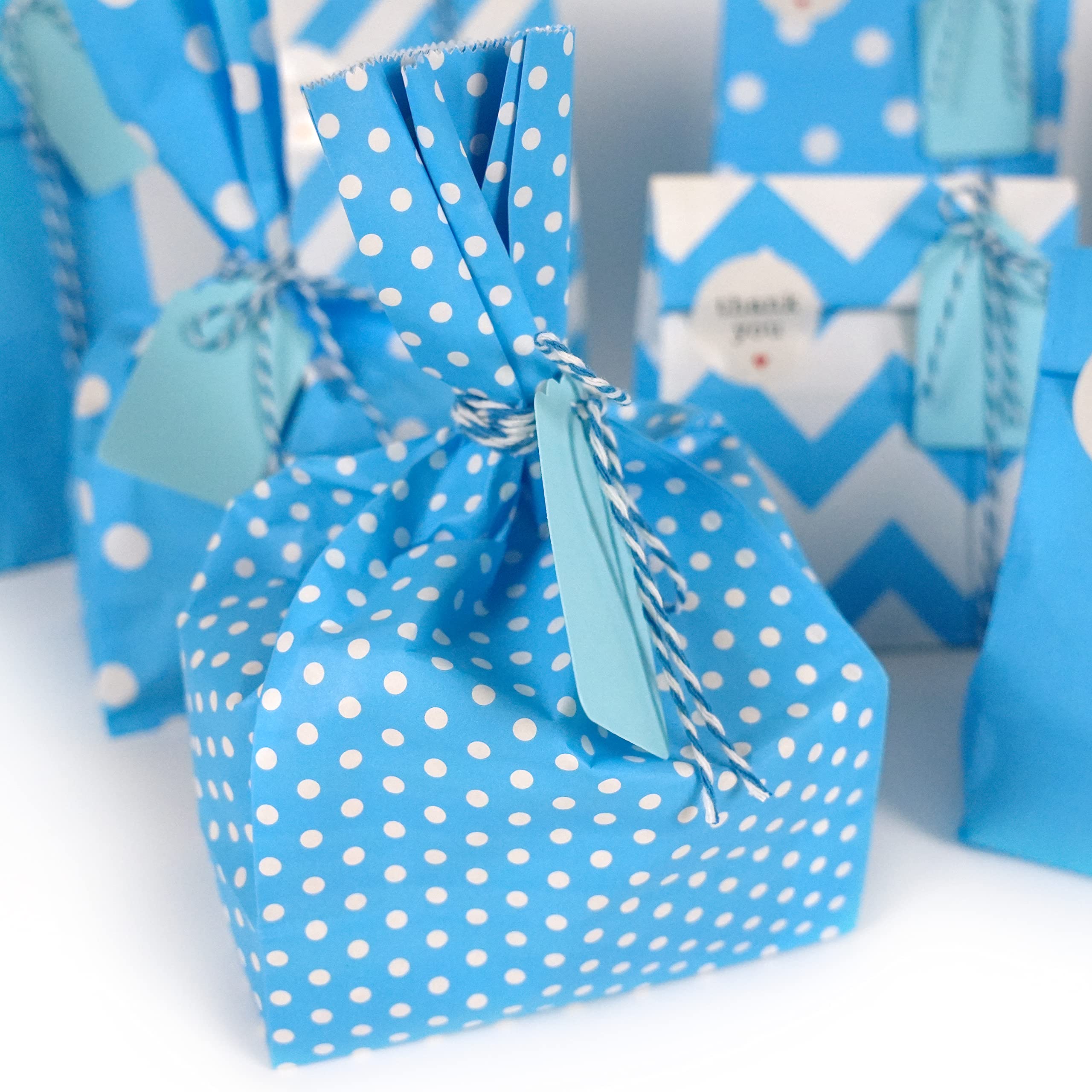 SMINTINE 30-Pack Blue Goodie Bags with Thank You Stickers - 5x3x9 Inch Blue Paper Gift Bags with Cotton Bakers Twine - Perfect for Kids Birthday Party Favors, Baby Shower Gifts, Wedding Favors & Holiday Treat Bags