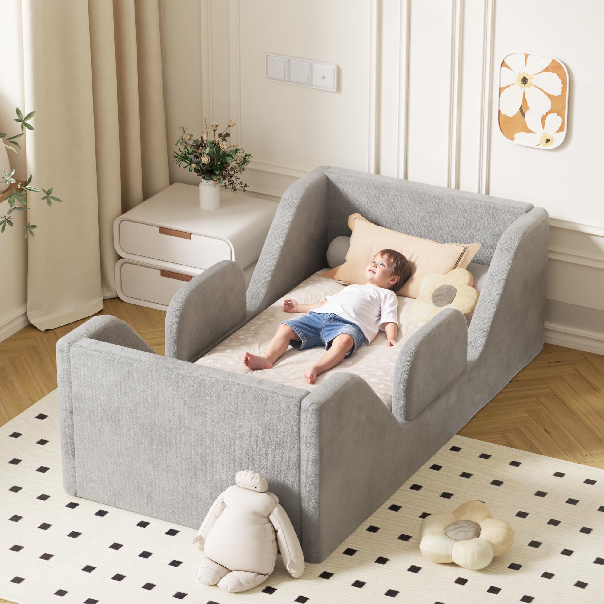 **Toddler Floor Bed Frame with Guard Rails - Safe & Certified Fabric Small Bed for Boys & Girls Aged 1-2 Years (Grey) | Perfect for Montessori Bedrooms & Child Safety**