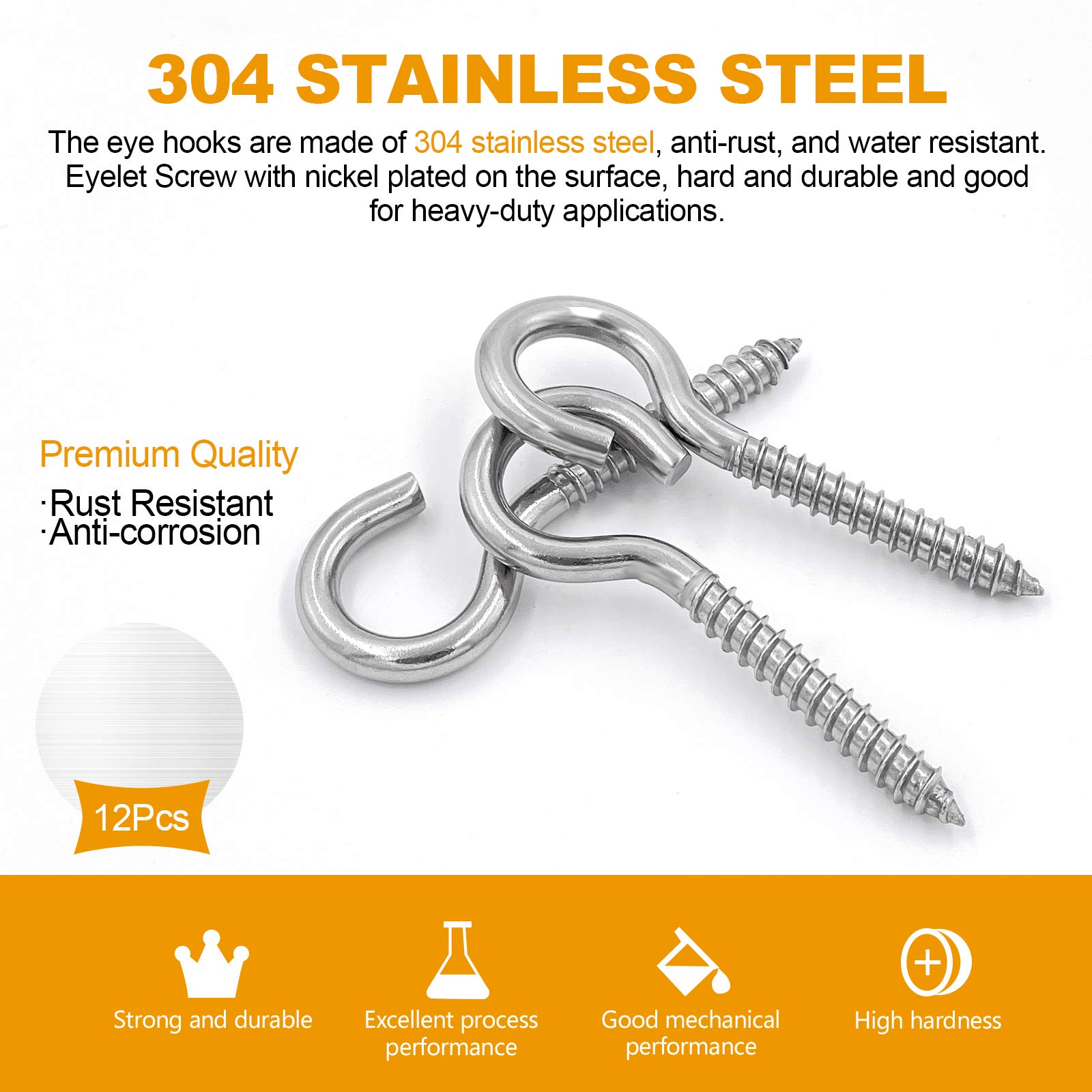 12-Pack Heavy Duty 304 Stainless Steel Screw Eye Hooks (3.2 Inch) - Rustproof Self-Tapping Screws for Hammock Stands, Yoga Swings, Brazilian Hammocks, Swing Chairs - Indoor & Outdoor Use in Gardens, Patios, Backyards