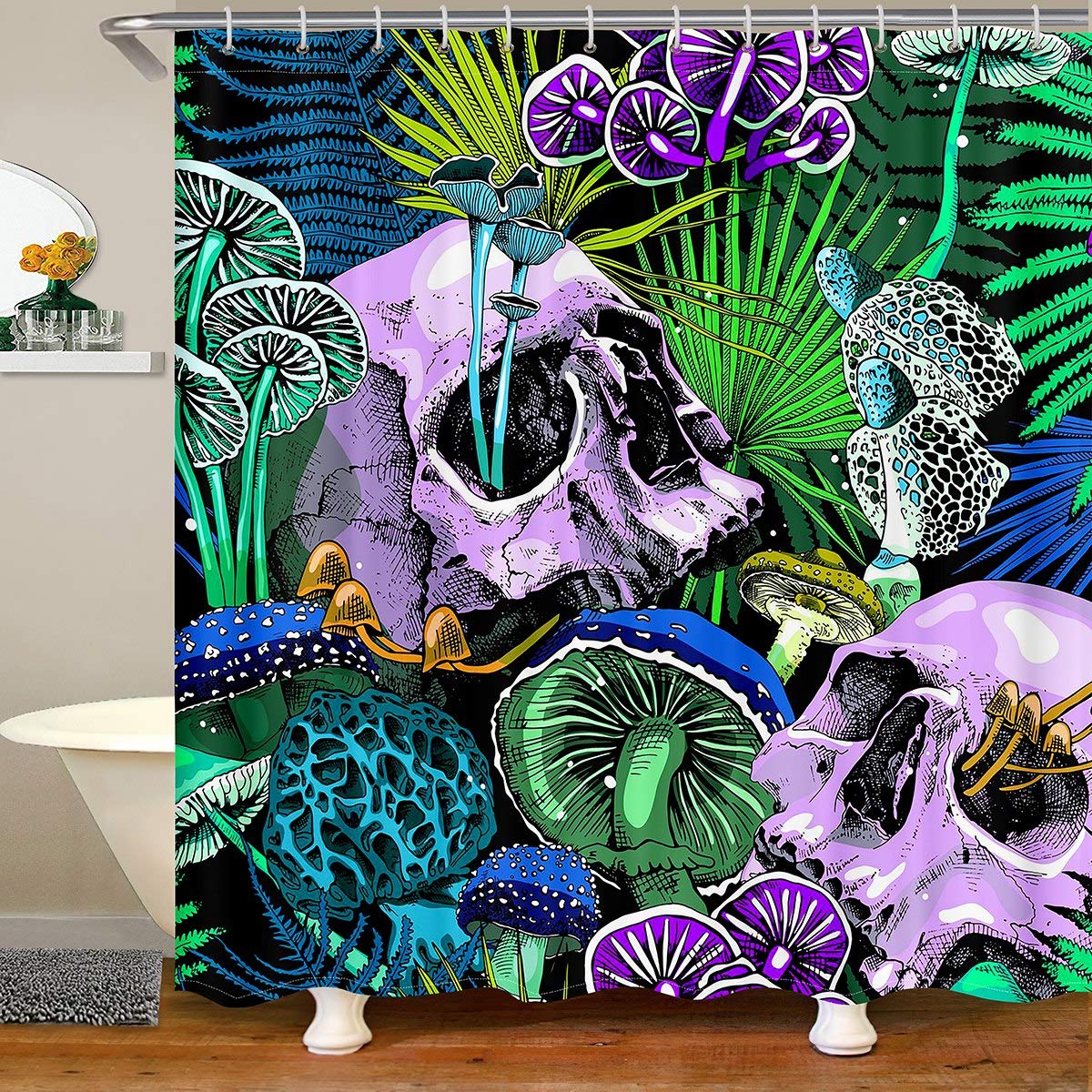 Purple Skull Mushroom Print Waterproof Bath Curtain for Kids & Boys - 72