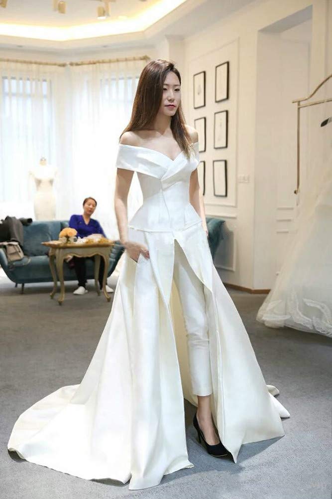 Honeydress Women's Off Shoulder Long Formal Evening Gown with Pockets - Elegant Prom Dress with Trailing Hem & Pants for Weddings, Galas & Special Occasions