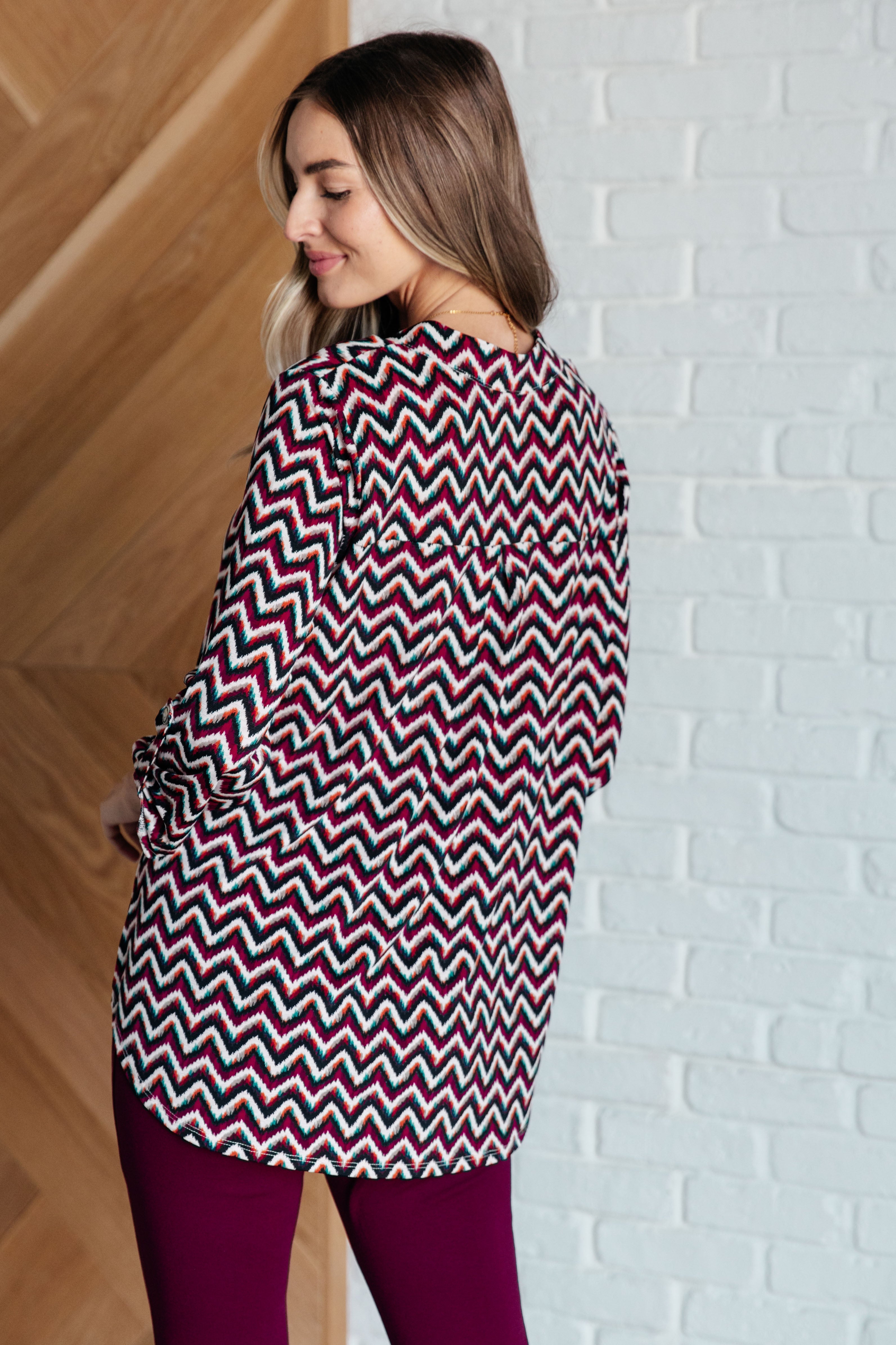 Lizzy Top - Stylish Magenta & Black Chevron Print Women's Blouse | Perfect for Casual Outings, Office Wear & Date Nights