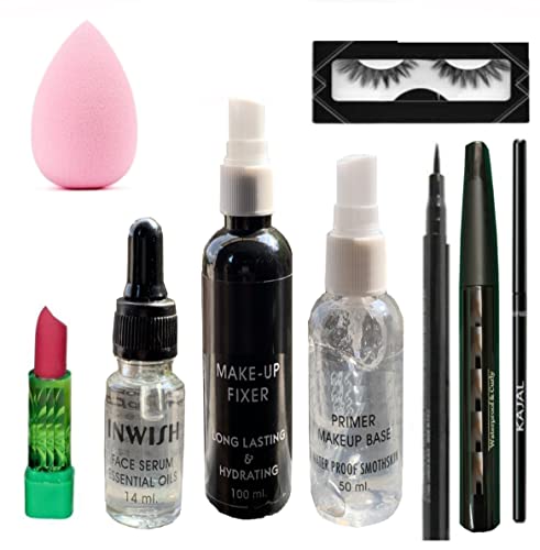 Best 9-Piece Makeup Kit Combo - Eyelashes, Eyeliner, Mascara, Kajal, Makeup Fixer, Primer, Face Serum, Puff & Lipstick | Complete Beauty Essentials for Daily Makeup & Professional Looks