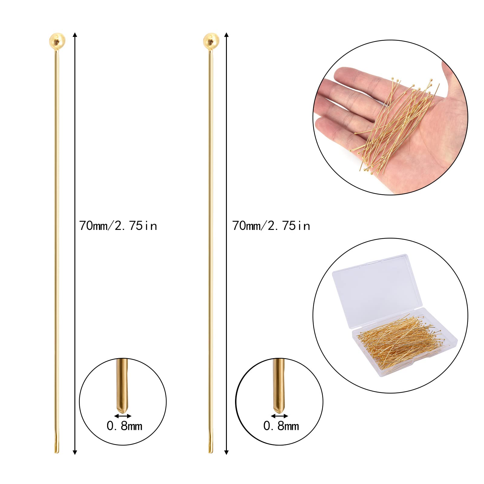 200 Pcs 70mm/2.76 Inch Gold Ball Head Pins for Jewelry Making - Straight Metal Pins for DIY Earrings, Bracelets, Necklaces & Pendants - Perfect for Crafting, Beading and Wire Wrapping Projects