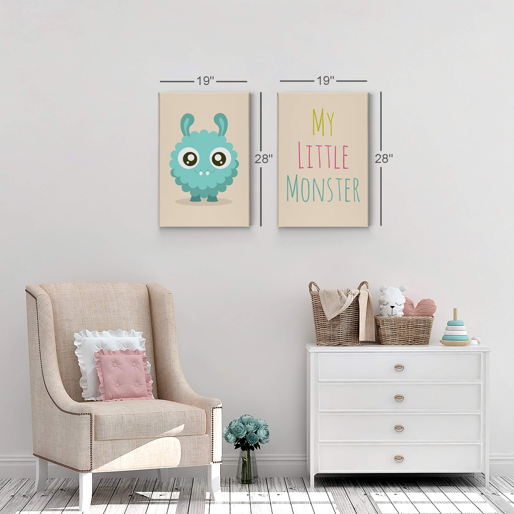 Smile Art Design - 2 Piece Canvas Print Set with Lovely Blue My Little Monster Lettering on Cream Background | Kids Room Decor, Wall Art for Baby Boy & Girl Nursery | Ready to Hang, Made in USA (40x30 inches) - Perfect for Children's Bedrooms, Playrooms & Birthday Gifts