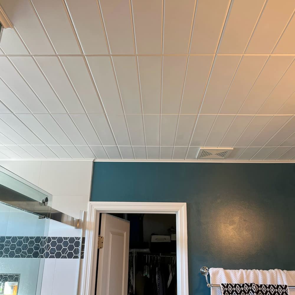 A La Maison R104 Bead Board Foam Glue-Up Ceiling Tile - 48 Pack (128 sq. ft./Case), White - Easy DIY Installation for Home, Office & Commercial Spaces