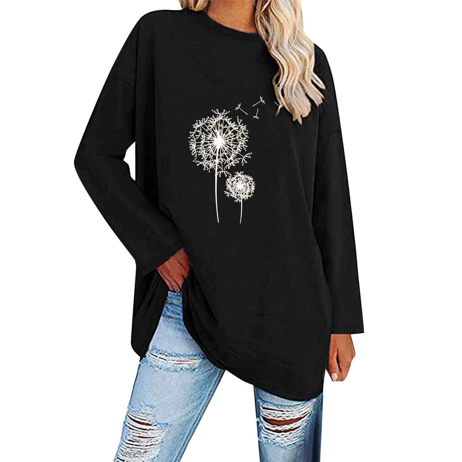Women's Long Sleeve Blouse - Casual Work Tops with Round Neck, Loose Fit & Stretch Fabric, Floral Printed Tee Shirt | Perfect for Office, Date Night & Everyday Wear