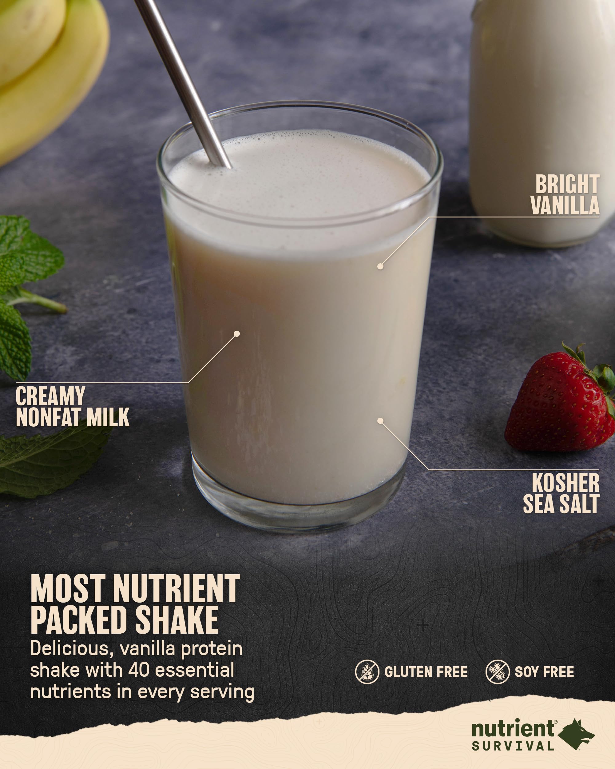 Nutrient Survival Protein Shake - Creamy Vanilla Whey Protein Powder | Freeze Dried Emergency Food with 40 Essential Nutrients | Gluten Free, 25 Year Shelf Life (15 Servings) - Perfect for Prepper Supplies, Camping & Survival Kits