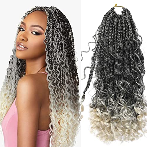 Ombre Bohemian Box Braids Crochet Hair - 24 Roots/Pcs with Curly Ends, Goddess Curls 3X, 6 Packs (14INCH, 1B/613) - Perfect for Protective Styles, Natural Hair Care, and Boho Fashion Looks