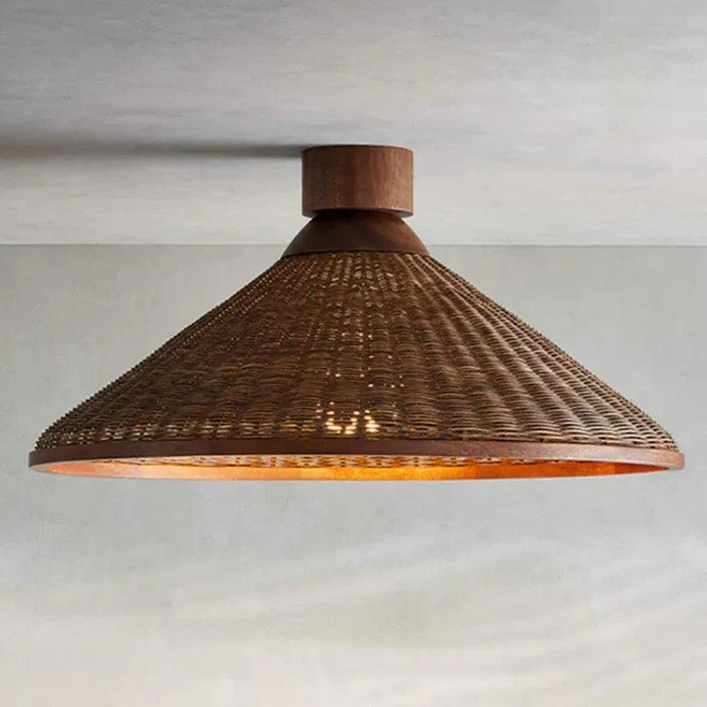 Vintage Woven Rattan Cone Shade LED Pendant Light - Farmhouse Ceiling Lighting for Dining Room, Kitchen Island & Bedroom