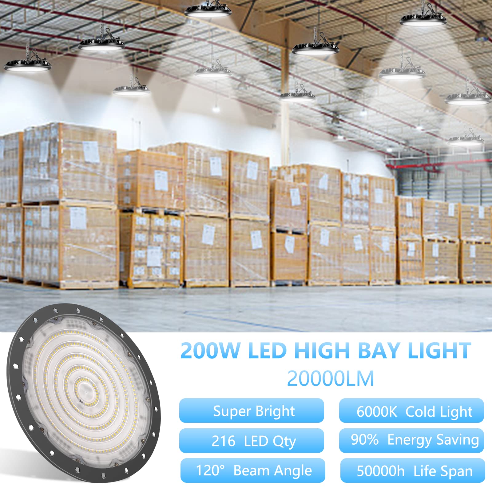 300W LED UFO High Bay Light 2 Pack - 6000K Daylight White, 30000LM Commercial Grade Lighting with 1.2M Cable & 110V Plug - Dimmable LED Garage Lights for Workshop, Warehouse, Factory, Gym, Retail Stores - Energy Saving Ceiling Shop Lights