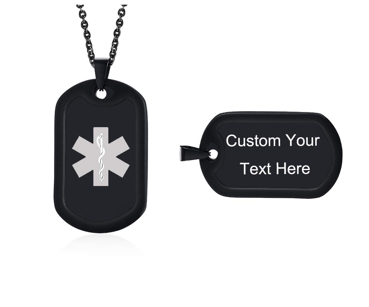 Custom Military Dog Tags with Free Engraving - Black Medical Alert ID Pendant for Men & Women - Silicone Silencers Included - Perfect for Military, Medical ID, Pet Tags & Fashion Accessories