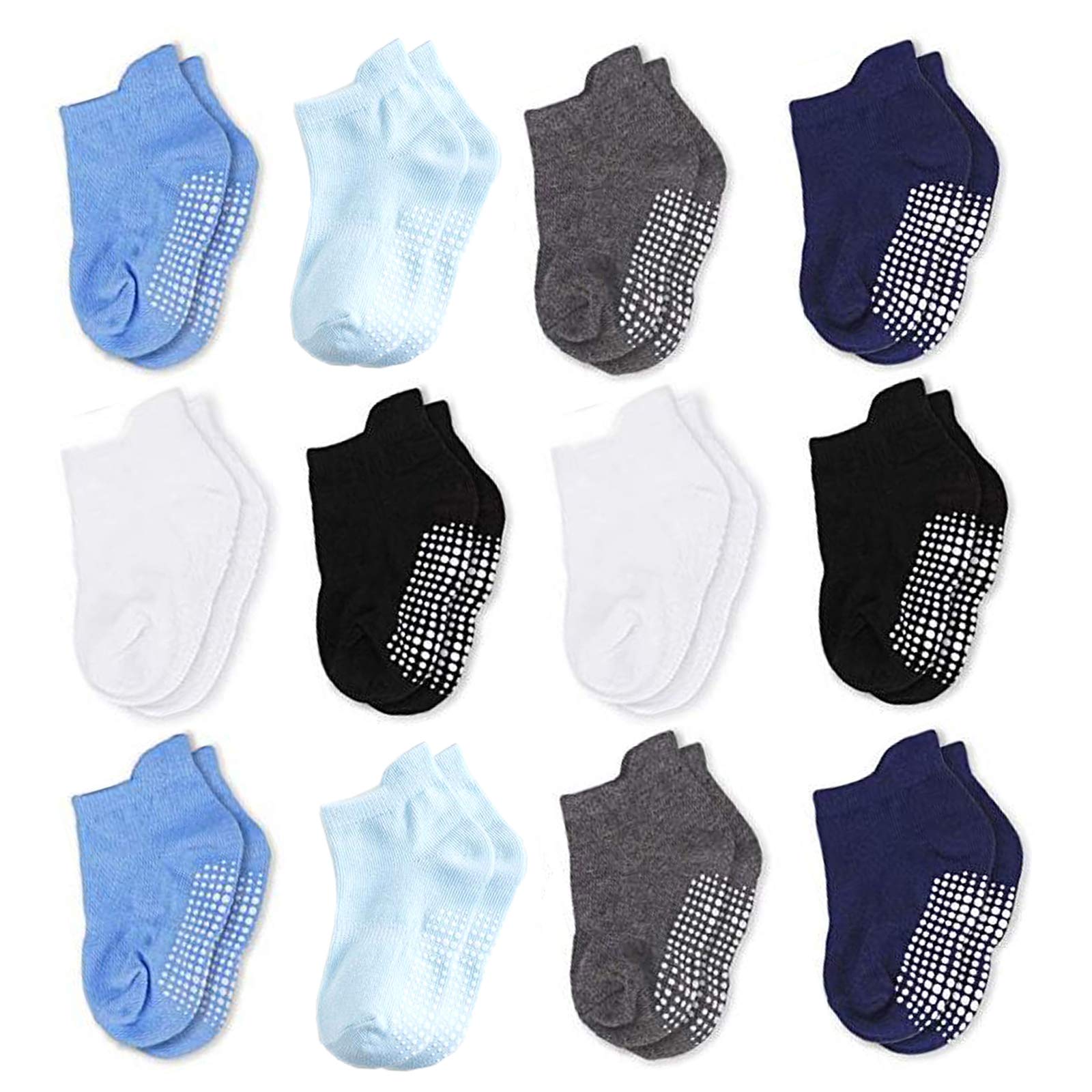 12 Pairs Unisex Baby Non-Slip Grip Ankle Socks | Toddler Cotton Athletic Socks with Anti-Skid Sole | Perfect for Playtime, Daycare & Everyday Comfort