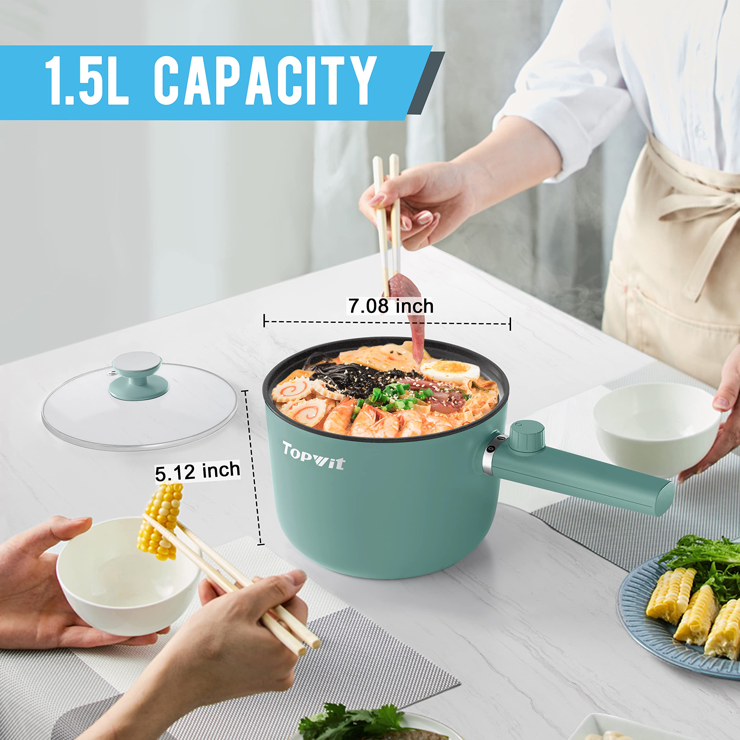 Topwit 1.5L Electric Hot Pot & Ramen Cooker - Portable Non-Stick Frying Pan for Pasta, Steak, Soup - BPA Free with Dual Power Control & Overheating Protection - Perfect for Dorm, Office, Camping & Small Kitchen Cooking
