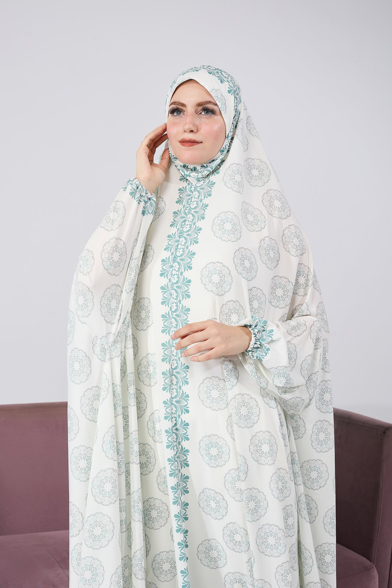 Elegant Floral Satin Prayer Gown for Women - Long Sleeve Extended Coverage Islamic Dress - Perfect for Salah, Eid, Ramadan & Special Occasions