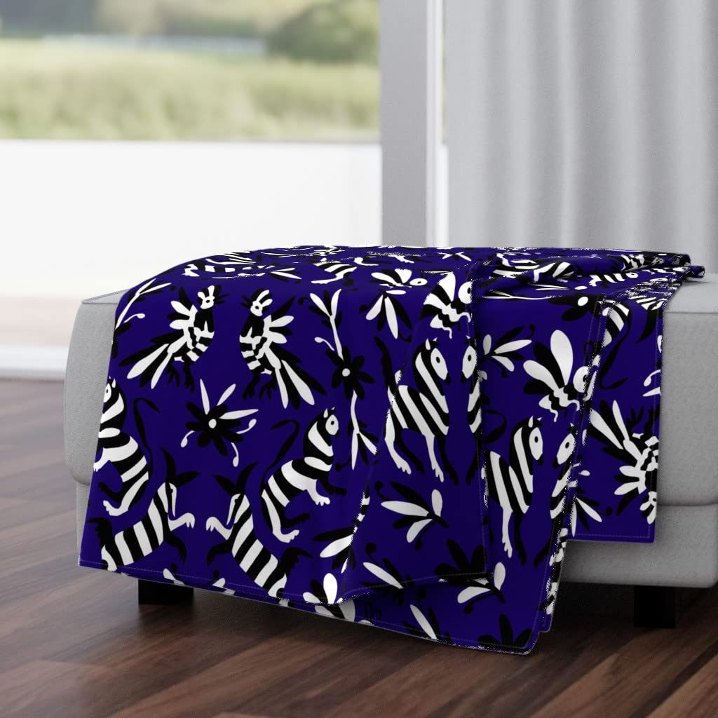 Luxe Velvet Throw Blanket 50x70 Inches - Blue Mexican Otomi Animal Print in Black, White & Navy | Soft Safari Striped Design for Sofa, Bed & Couch | Cozy Home Decor Gift for Women & Men
