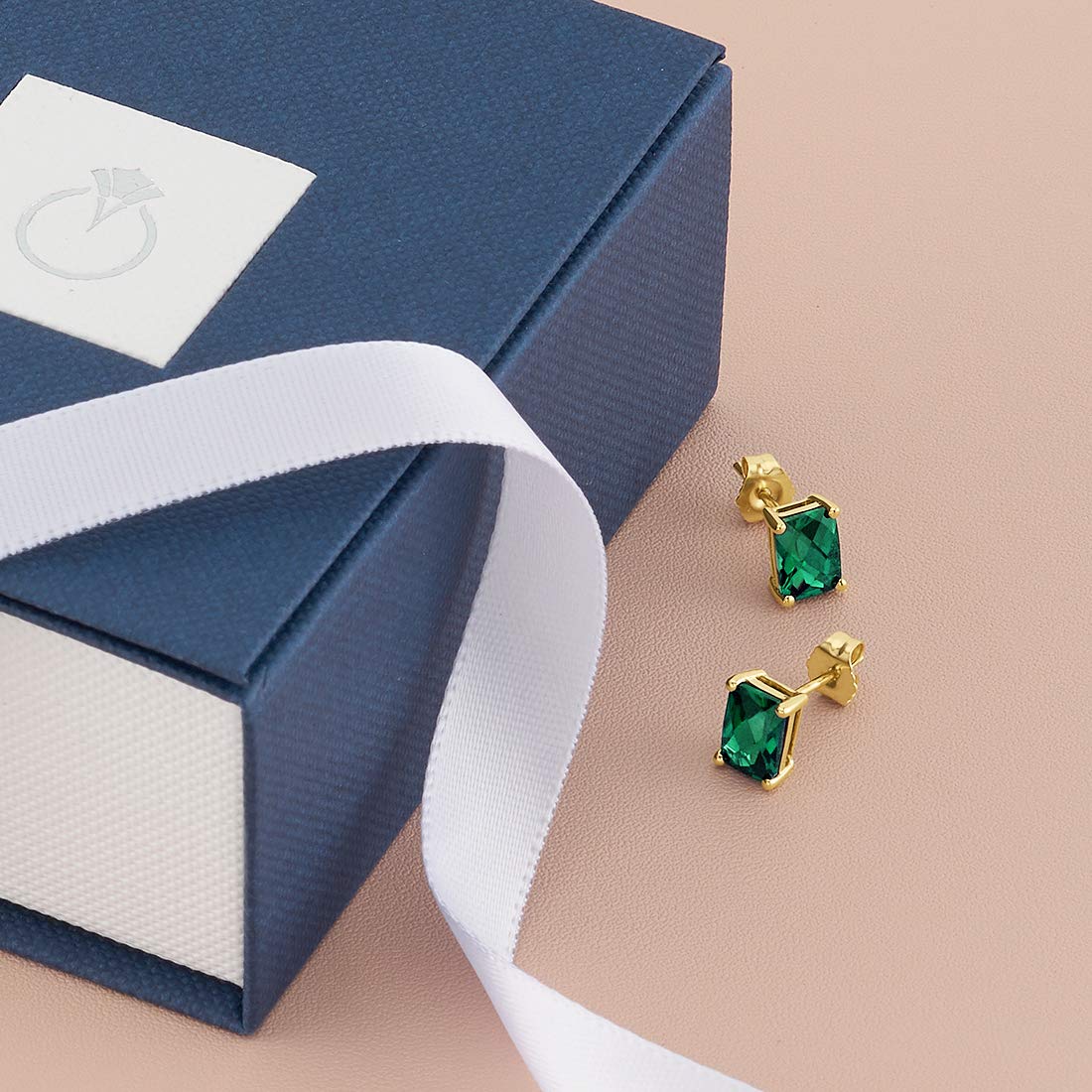 Peora 14K Yellow Gold Emerald Stud Earrings for Women - 7x5mm Radiant Cut, 1.75ct Total, Hypoallergenic Friction Back - Elegant Green Gemstone Jewelry for Everyday Wear, Office & Special Occasions