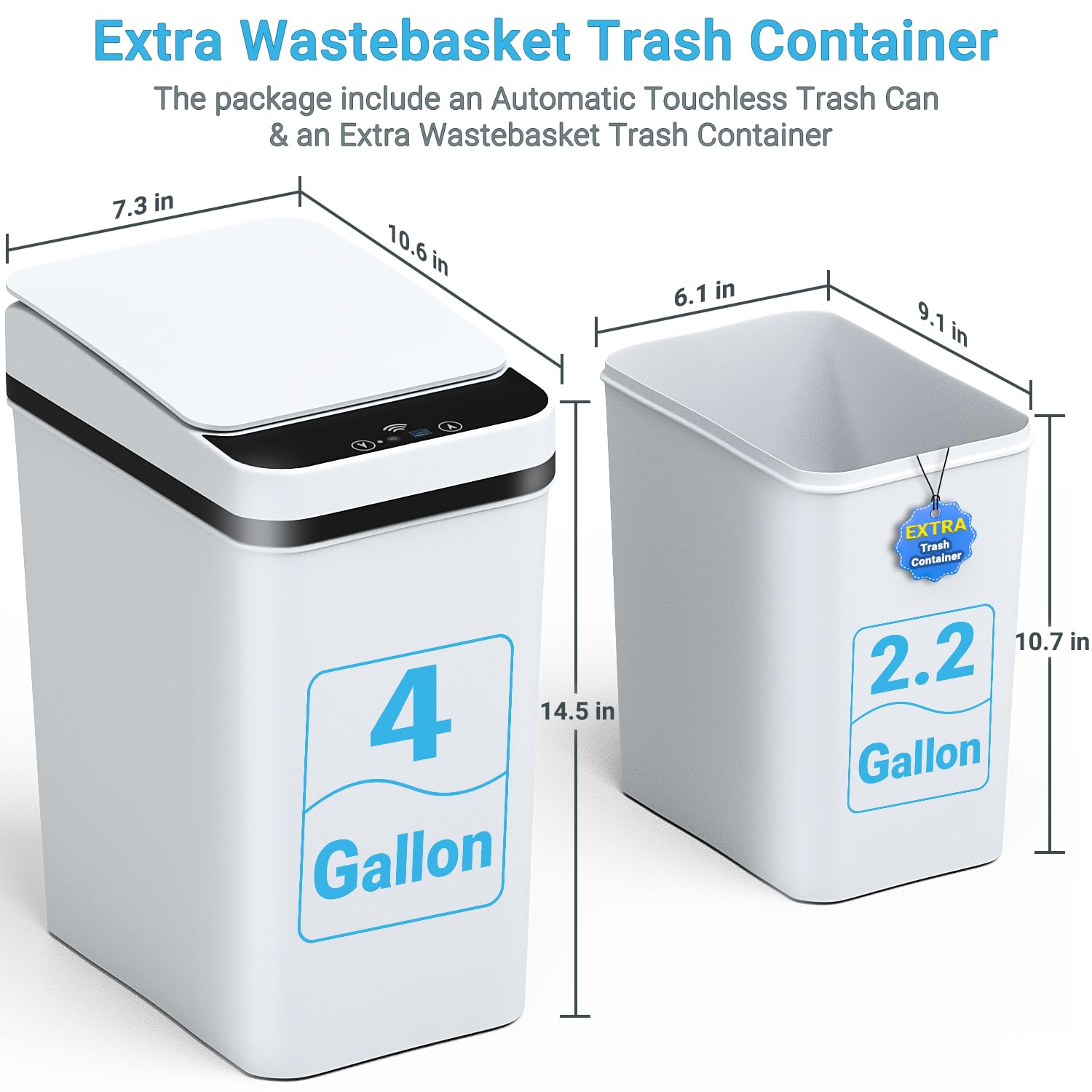 4 Gallon Automatic Motion Sensor Touchless Trash Can - Smart Electric Garbage Bin with Lid & Extra Container, Waterproof Design for Bathroom, Kitchen, Office, Bedroom (White) | Hands-Free Waste Disposal Solution for Hygienic Home & Workspaces