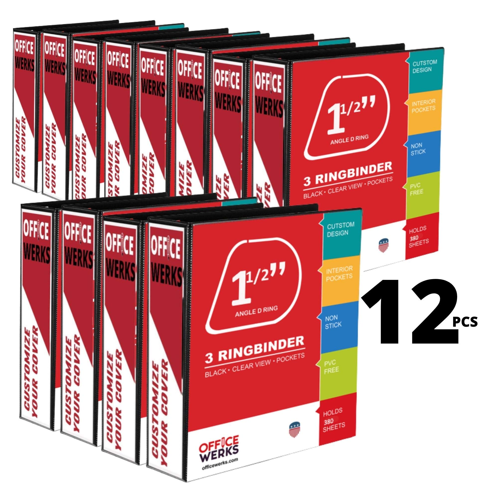 Professional 1.5 Inch 3 Ring Binder with Angle D Rings - 12 Pack Black Presentation Folders for 8.5x11 Standard Pages, Clear View Pockets - Perfect for Office Documents, School Projects & Business Meetings