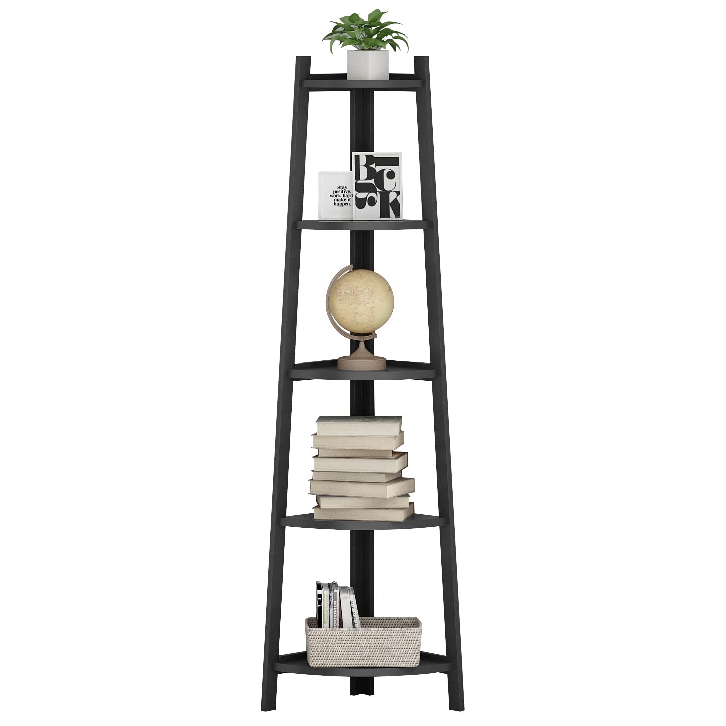 FUFU&GAGA 5-Tier Corner Ladder Shelf - 58 Inch Tall Wooden Bookshelf, Display Rack & Plant Stand for Living Room, Office, Bedroom - Space Saving Storage Solution (Black)