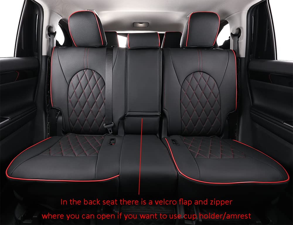 Premium Leather Car Seat Covers for Toyota Highlander 2014-2019 - Custom Fit 2nd Row 40/60 Split Truck Seat Covers Full Set (Black with Red Trim) - Durable Protection for Daily Commute & Road Trips