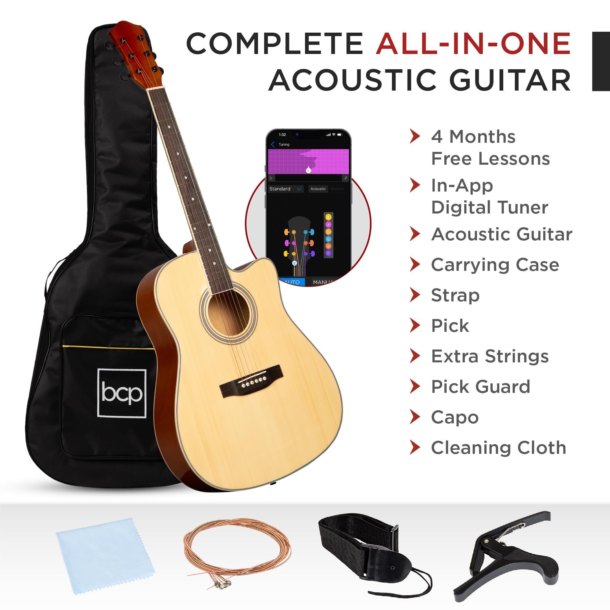 Best Choice Products 41-Inch Full-Size Acoustic Guitar Beginner Kit - All Wood Cutaway Design with Case, Strap, Capo, Strings & Picks - Natural Finish | Perfect for Beginners, Campfires & Home Practice