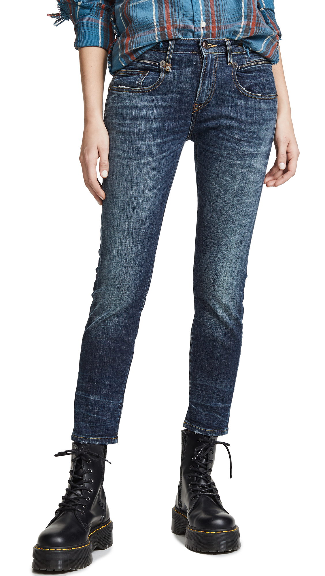 R13 Women's Biker Boy Jeans - High Waisted Distressed Denim Pants for Motorcycle Riding & Streetwear Fashion