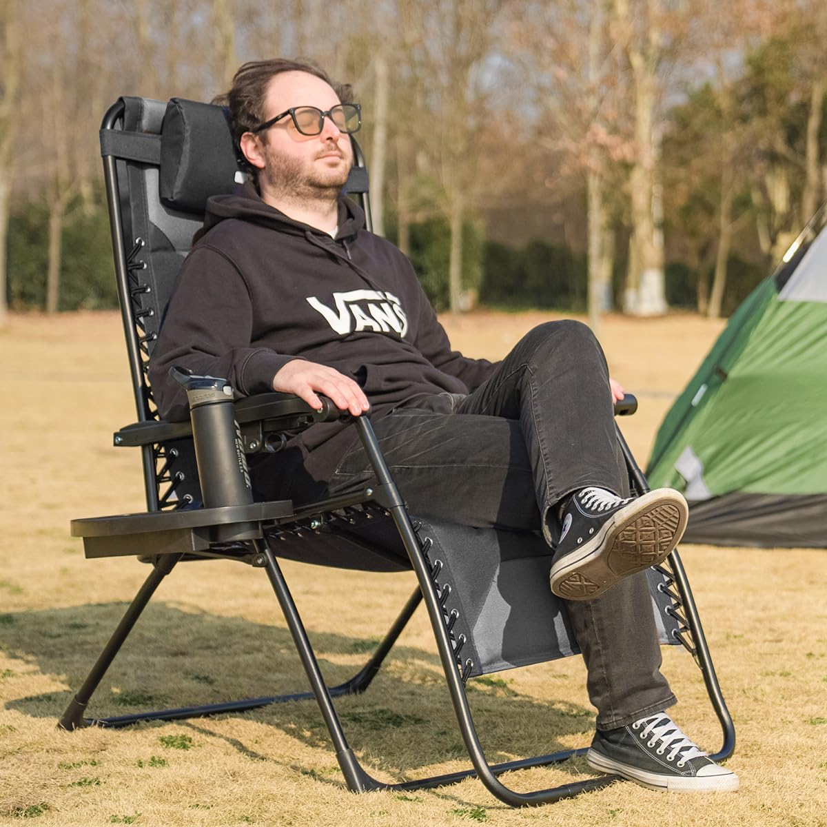 Zero Gravity Chair Oversized Recliner - Padded Folding Lounge Chair with Adjustable Pillow & Cup Holder - XL Anti Gravity Patio Chair for Outdoor, Camping, Backyard, Poolside Relaxation (Beige)