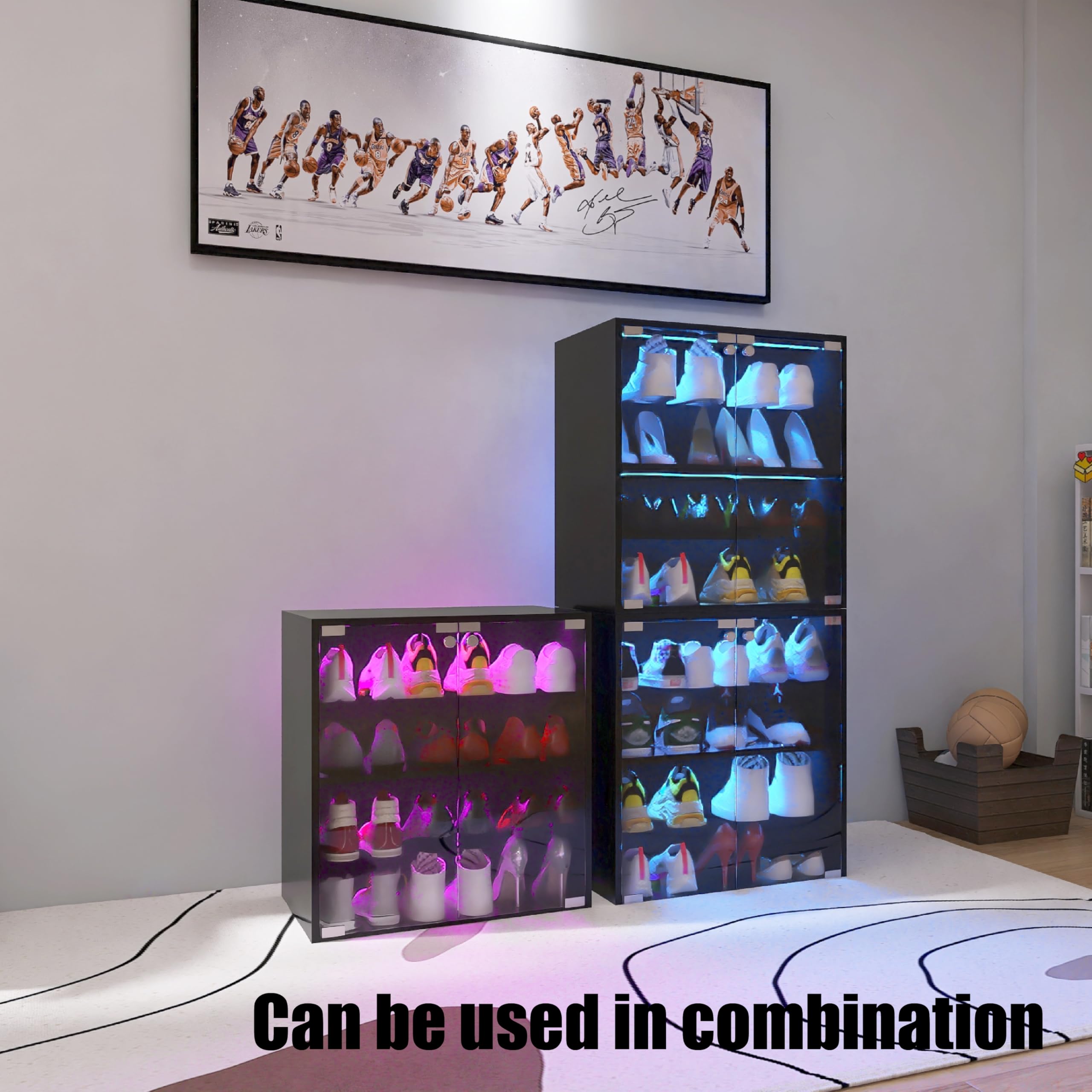 4 Layer LED Shoe Storage Cabinet with Glass Doors - Remote Control Wooden Shoe Display Case for Sneaker Collection & Organization - Perfect for Bedroom Closet, Walk-in Closet, and Shoe Store Display