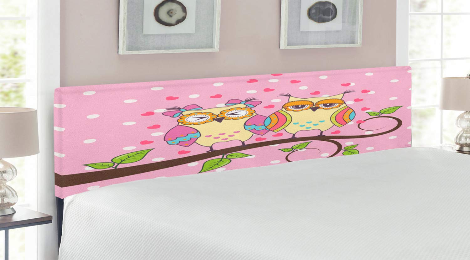 Ambesonne King Size Upholstered Metal Bed Headboard with Memory Foam - Romantic Owls in Love on Branch Design with Polkadots, Leaves & Hearts - Pale Yellow & Apple Green - Perfect for Master Bedroom, Guest Room & Bohemian Style Decor