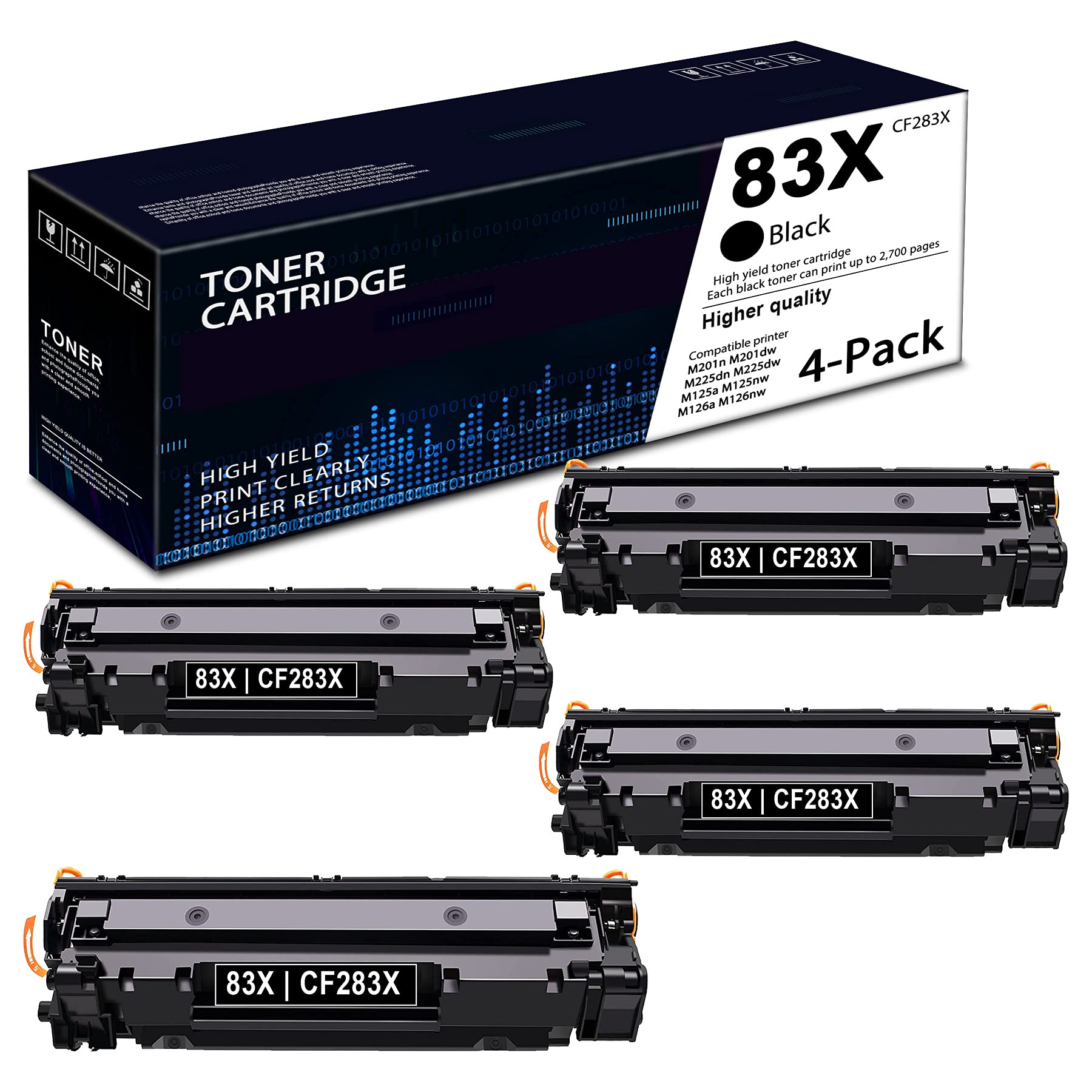 4 Pack Black 83X | CF283X High Yield Toner Cartridge - Compatible with HP Pro M125nw M126nw M201n M225dn M125a M128fn M127fn M201n M127f M125rnw M225dw Printers | Perfect for Home Office & Small Business Printing Needs