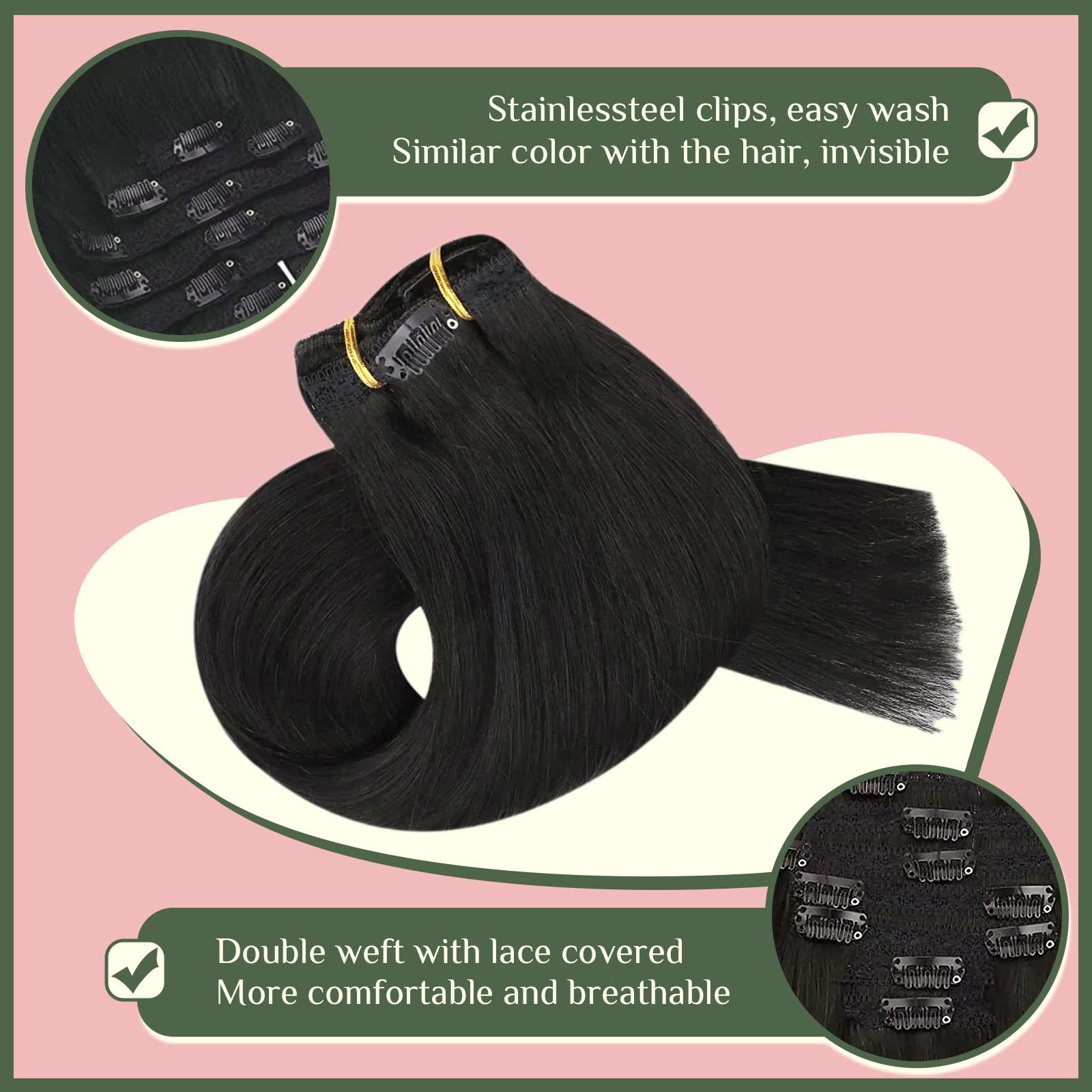 Natural Black Human Hair Clip-In Extensions - 16 Inch Straight Double Weft (7pcs/120g) | Perfect for Daily Styling, Parties & Special Occasions