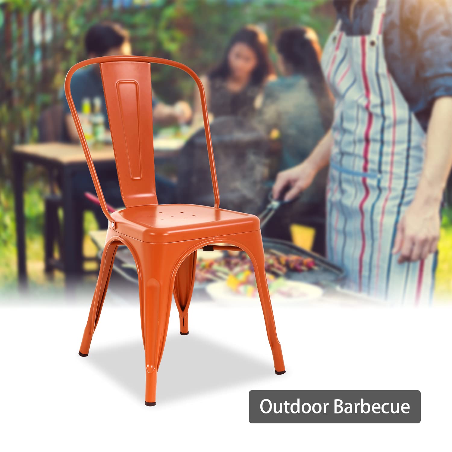 4-Pack Metal Dining Chairs - Indoor/Outdoor Stackable Kitchen & Patio Chairs with Back Support, 330 LBS Capacity (Orange) - Perfect for Restaurants, Cafes, and Home Dining Areas
