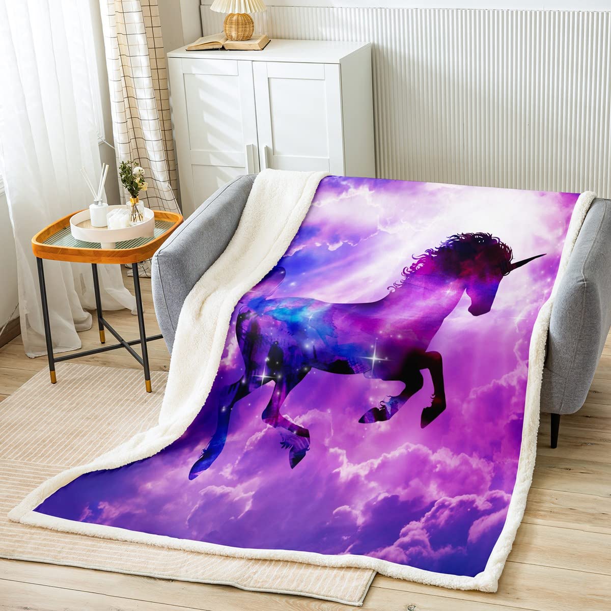 Manfei Unicorn Fleece Blanket - Galaxy Print Plush Throw Blanket for Kids & Girls Room Decor - Purple Starry Sky Sofa Blanket - Cute Animal Print Cozy Blanket for Bedroom, Couch, Dorm - Queen Size 90x90 Inches - Perfect for Sleepovers, Movie Nights & Winter Snuggles