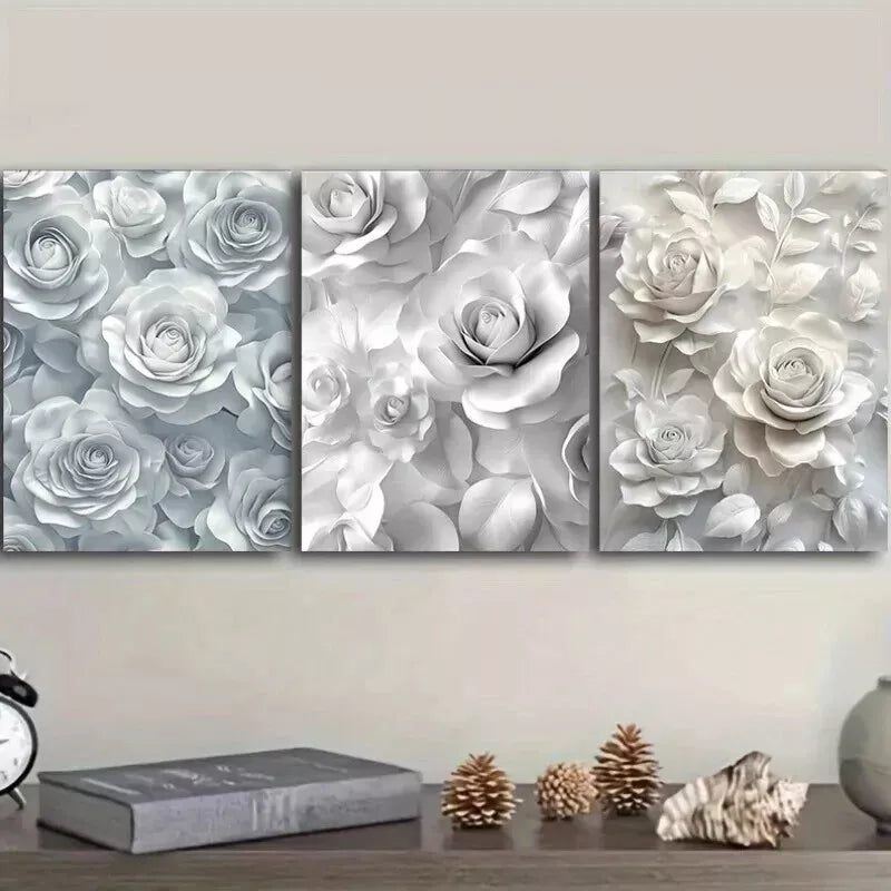 3-Piece White Roses Canvas Wall Art Set - Framed 50x70cm High Quality Print | Australian Made Ready-to-Hang Paintings for Living Room, Bedroom & Office Decor