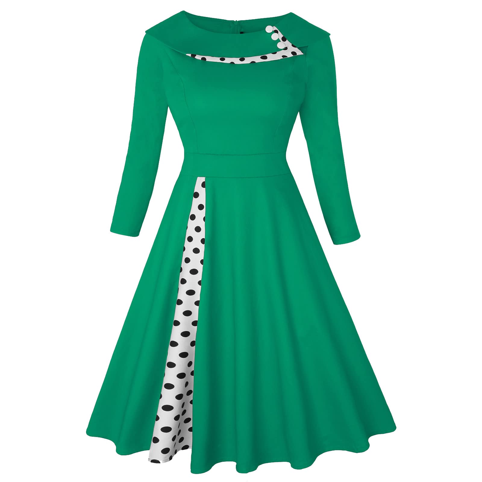 Women's Casual Round Neck Patchwork Midi Dress with Polka Dot Print & Ruffled A-Line Hem - 2022 Trendy Sleeve Dress for Work, Date Night & Summer Outings