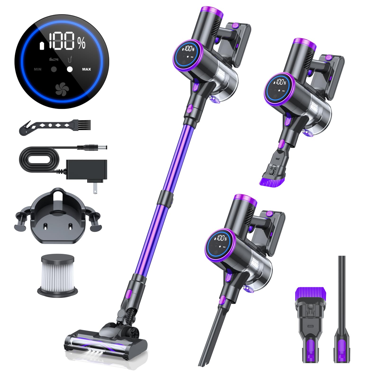 20KPA Cordless Stick Vacuum Cleaner with LED Display - 6-in-1 Lightweight Vacuum with 40Min Detachable Battery, 2 Cleaning Modes for Hard Floors, Carpets & Cars | Perfect for Home, Office & Pet Hair Cleaning
