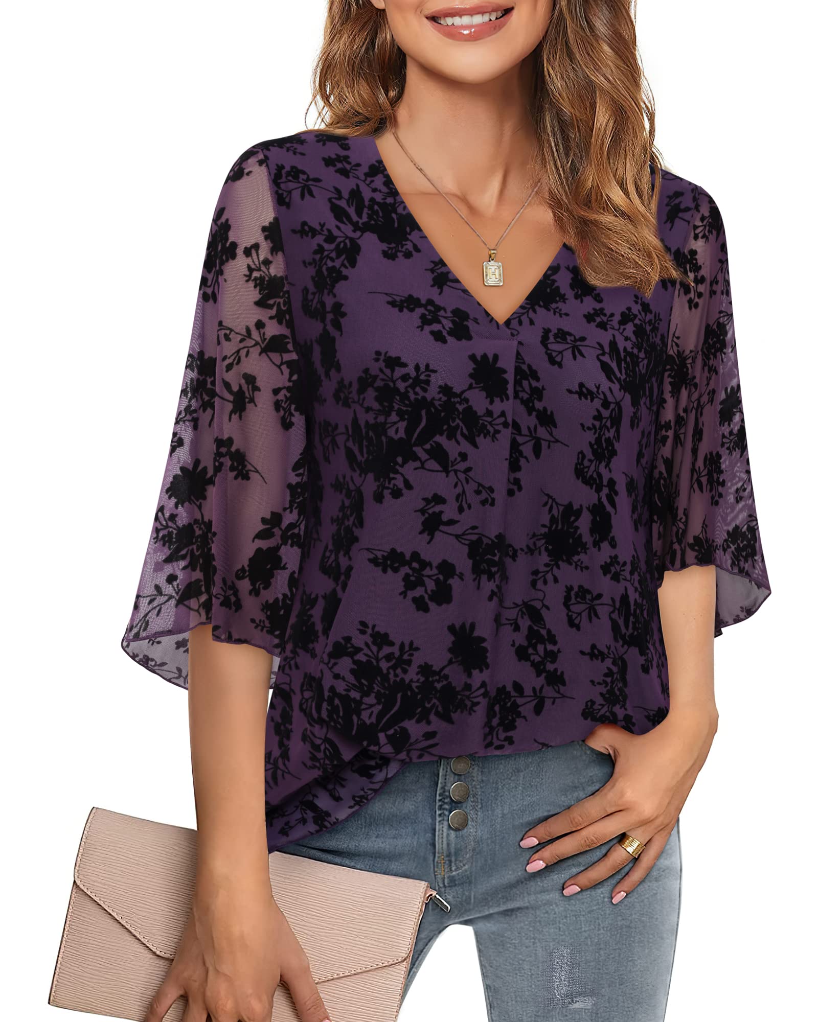 Bebonnie Women's Floral Mesh Bell Sleeve V-Neck Blouse - Elegant Flowy Dressy Top for Party, Date Night & Office Wear